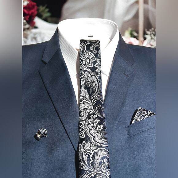 Men’s 3 Piece Tie Set Navy Blue Black Silver Pocket Square Cufflinks Tie - Picture 1 of 4